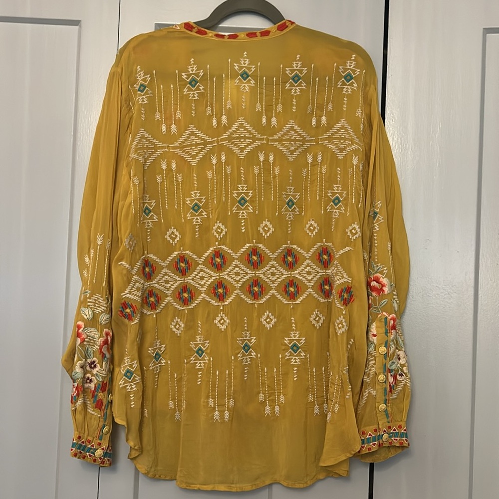 Johnny Was Gold Tie Front Blouse with Mandarin Collar - Picture 6 of 7